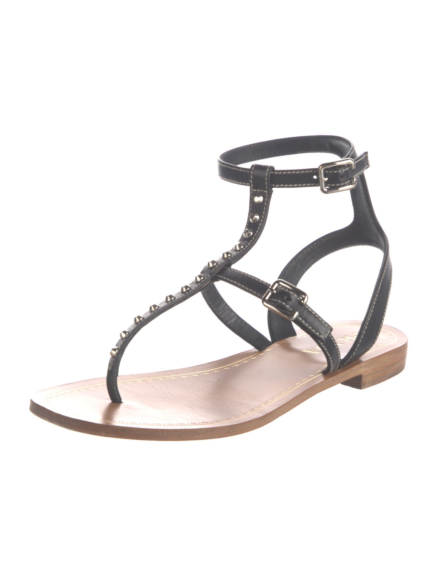 Prada Leather Studded Accents T-Strap Sandals