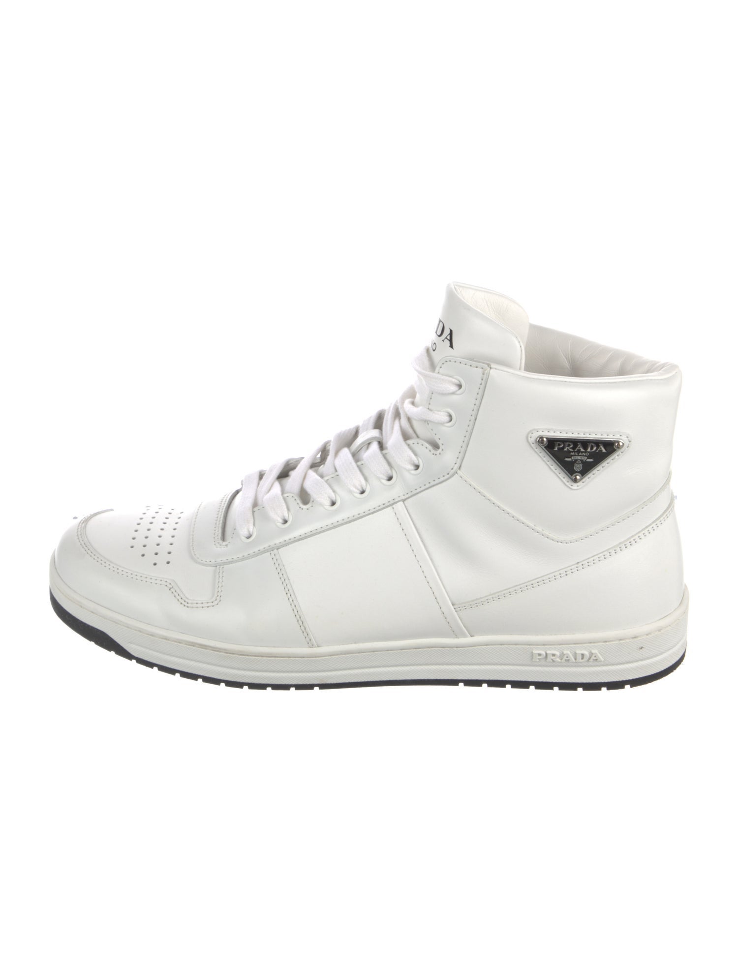 Prada Enameled Metal Triangle Leather Sneakers