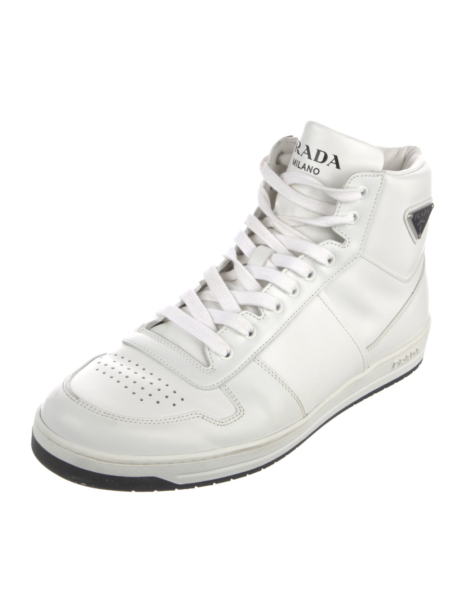 Prada Enameled Metal Triangle Leather Sneakers