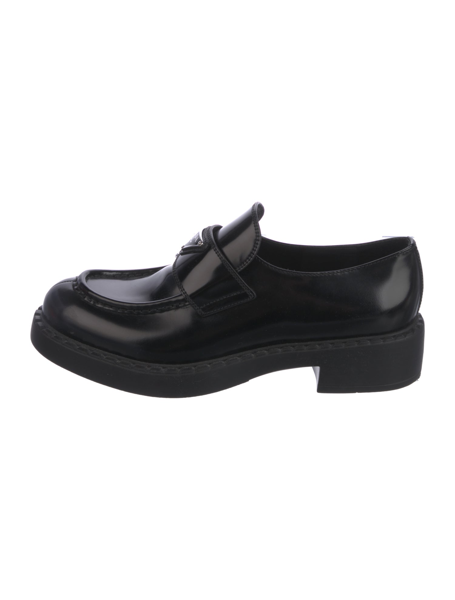 Prada Enameled Metal Triangle Patent Leather Oxfords
