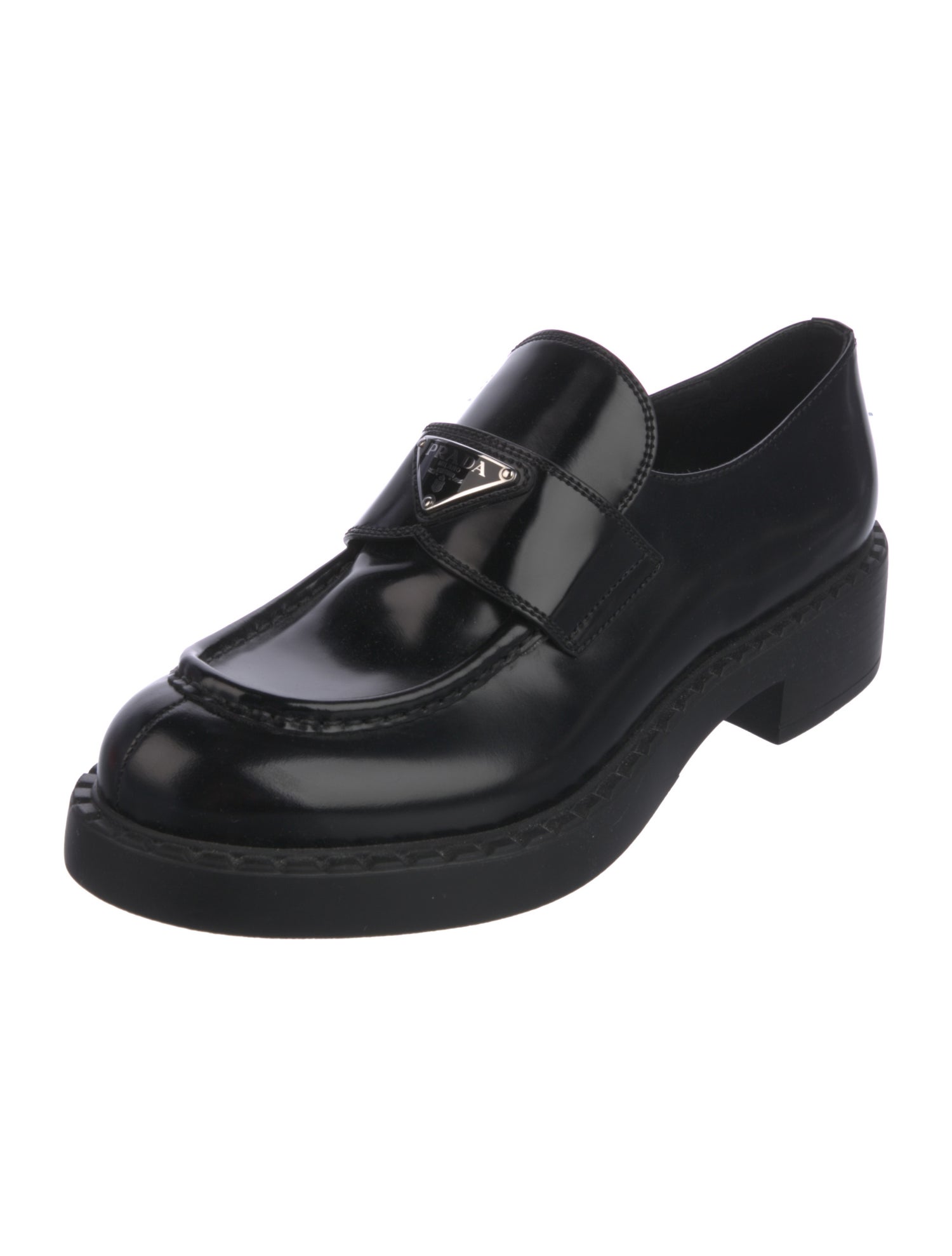 Prada Enameled Metal Triangle Patent Leather Oxfords