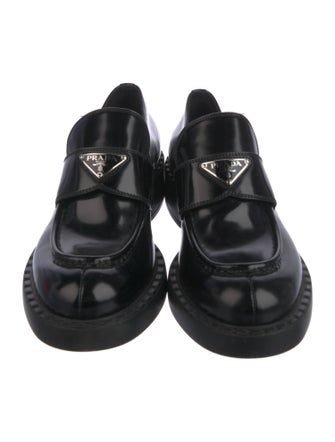 Prada Enameled Metal Triangle Patent Leather Oxfords