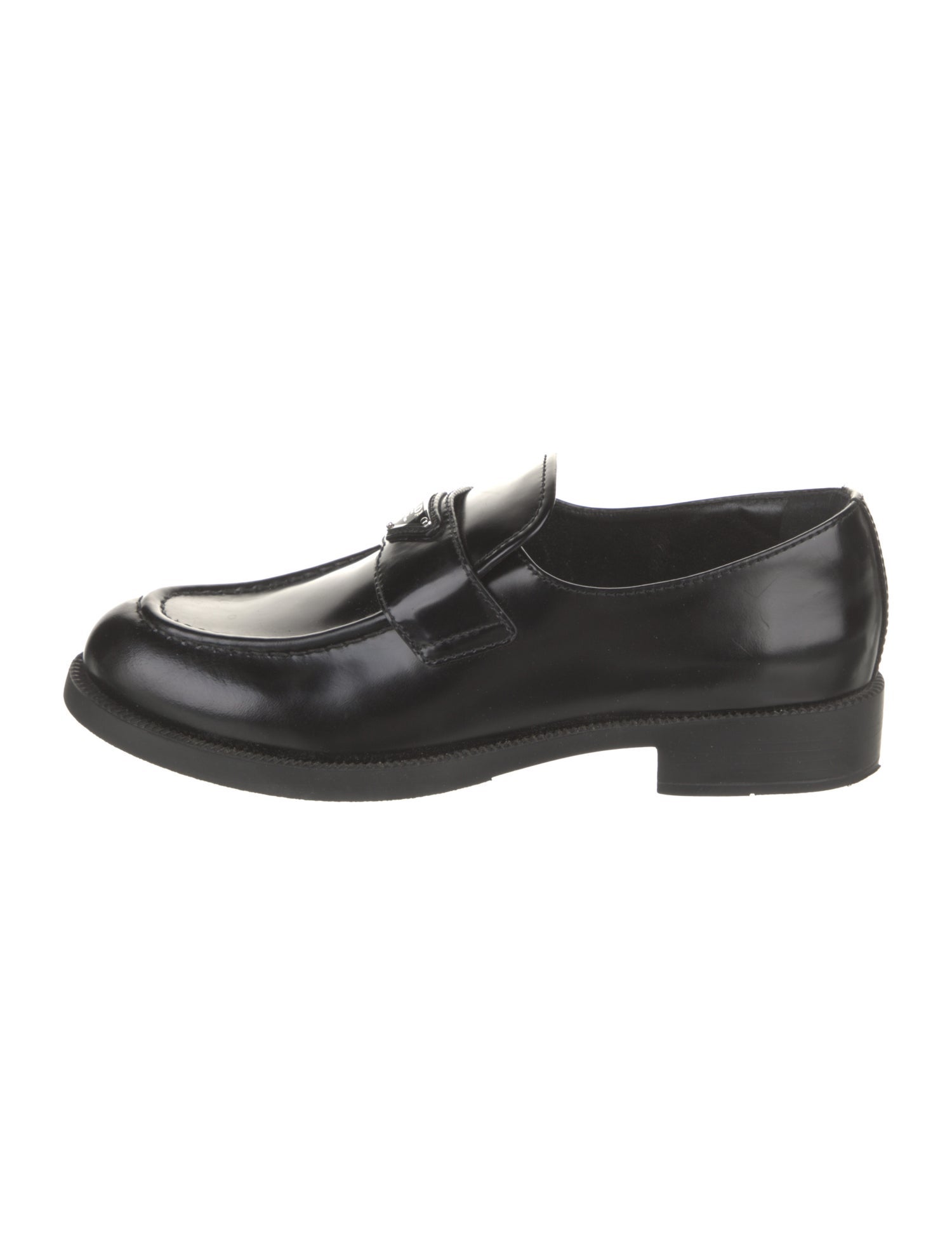 Prada Enameled Metal Triangle Patent Leather Loafers