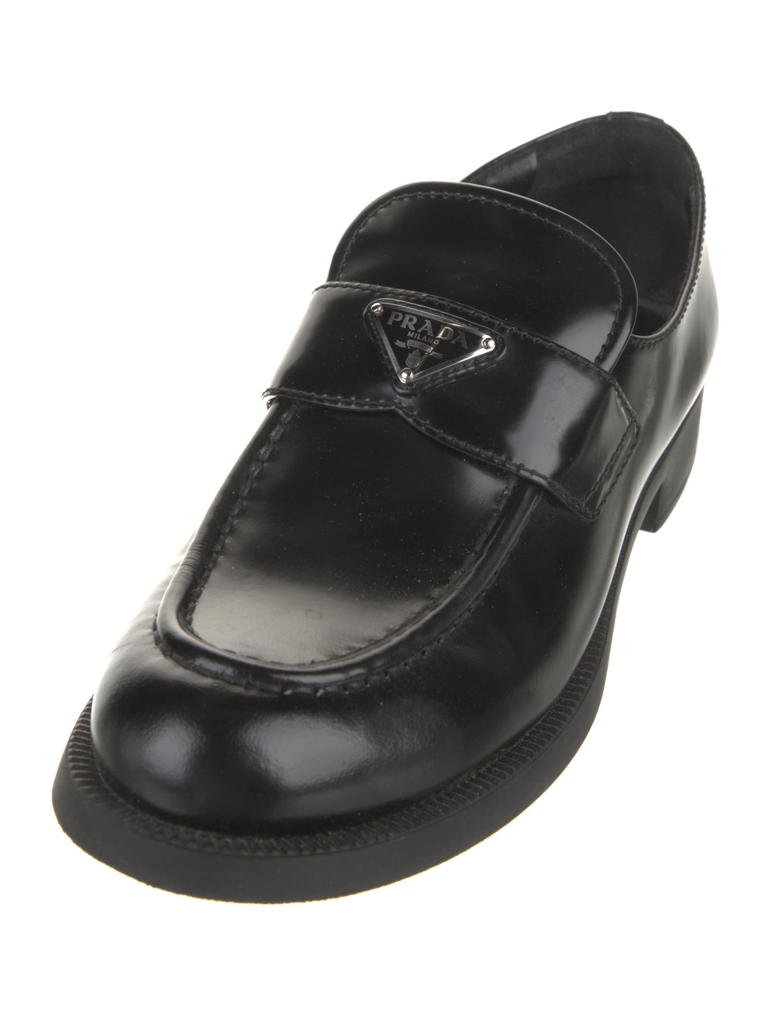 Prada Enameled Metal Triangle Patent Leather Loafers