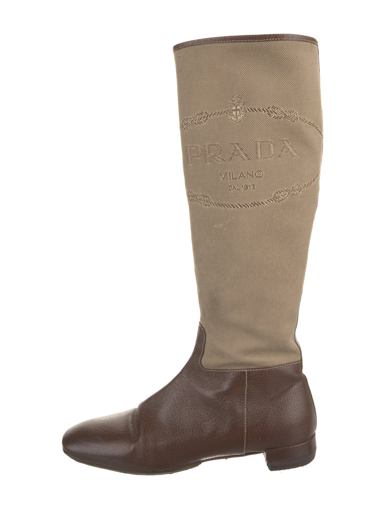 Prada Colorblock Pattern Leather Trim Embellishment Riding Boots