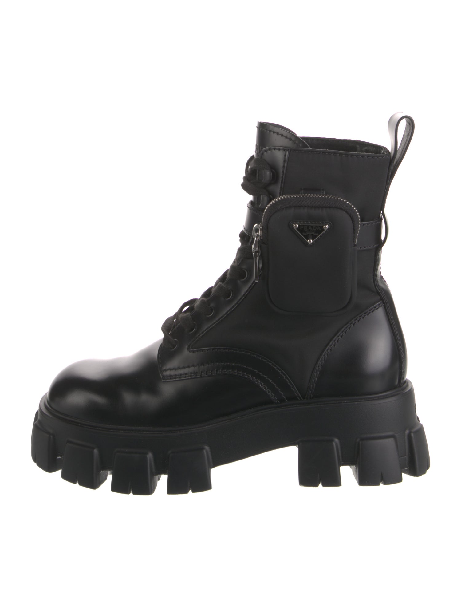 Prada Enameled Metal Triangle Leather Lace-Up Boots