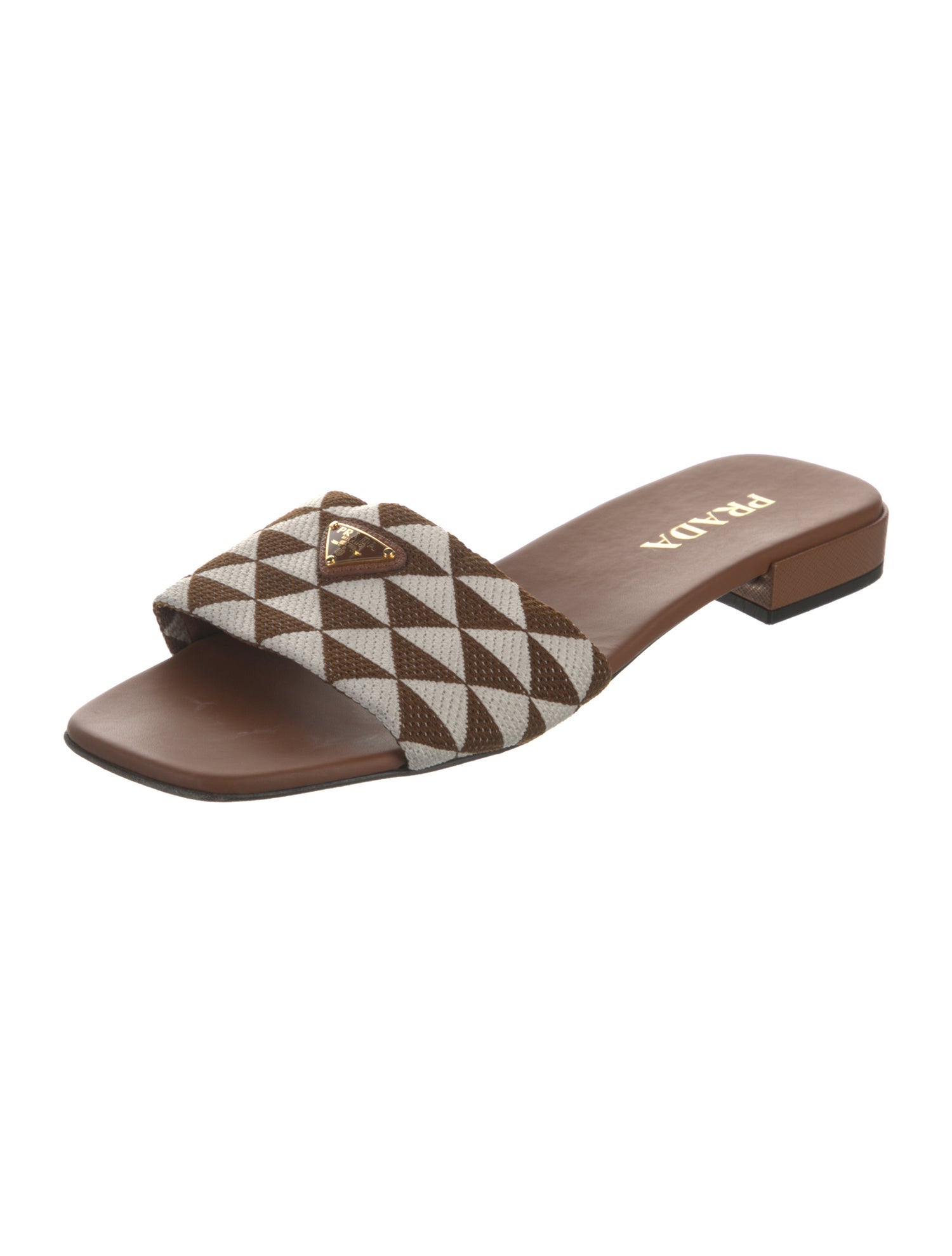 Prada Enameled Metal Triangle Leather Slides