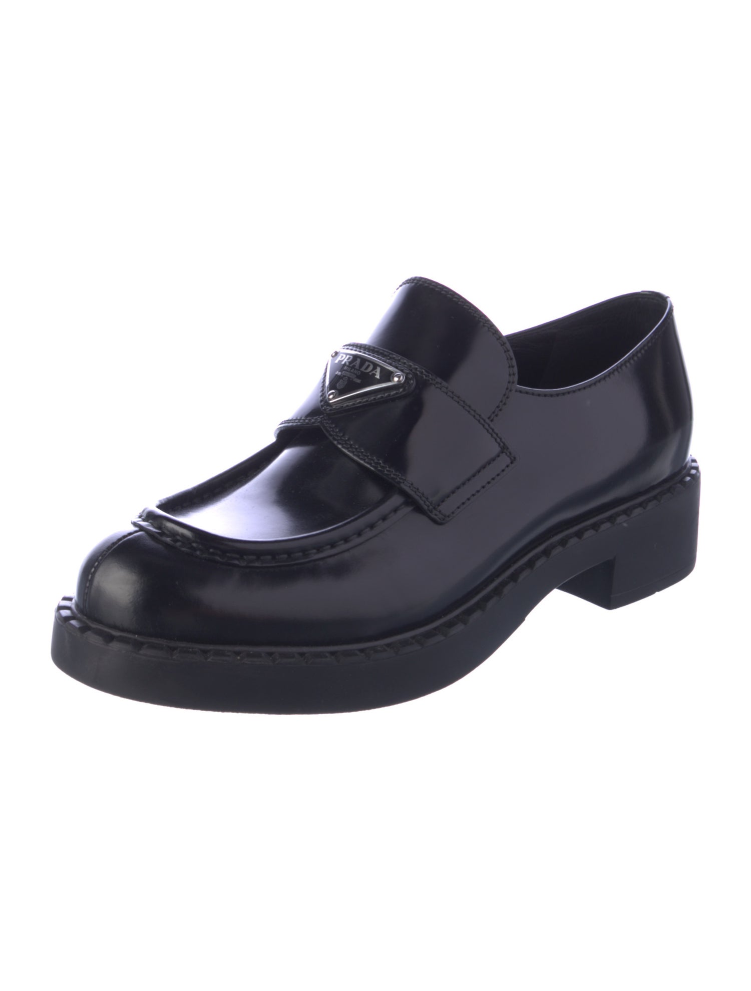 Prada Enameled Metal Triangle Leather Oxfords