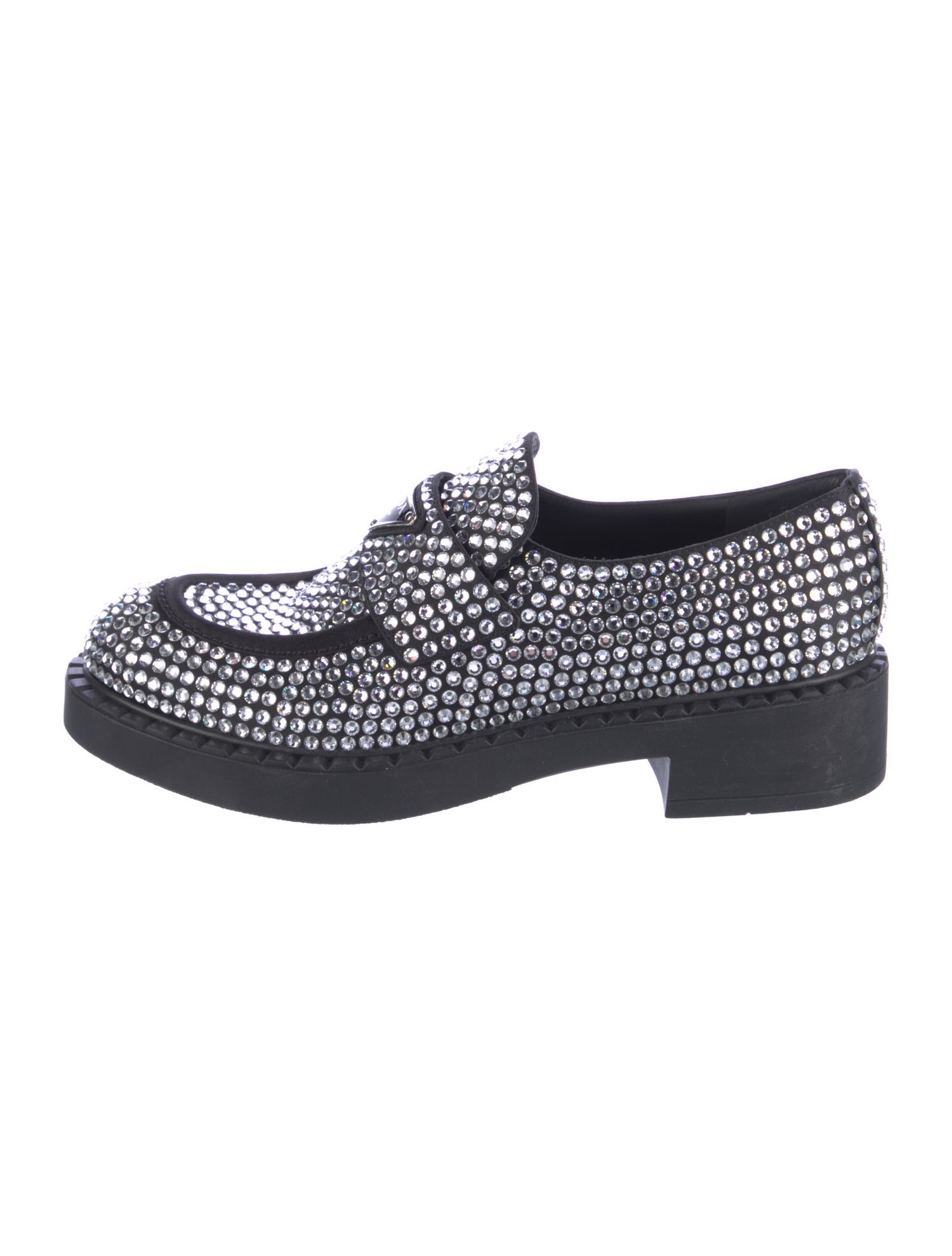 Prada Enameled Metal Triangle Crystal Oxfords
