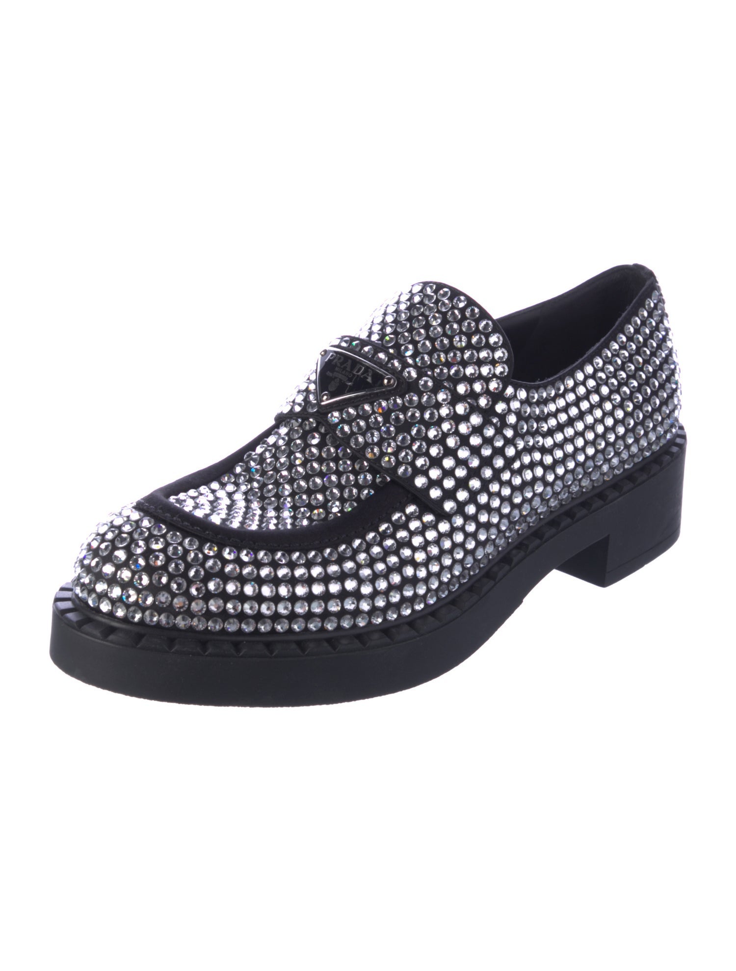 Prada Enameled Metal Triangle Crystal Oxfords