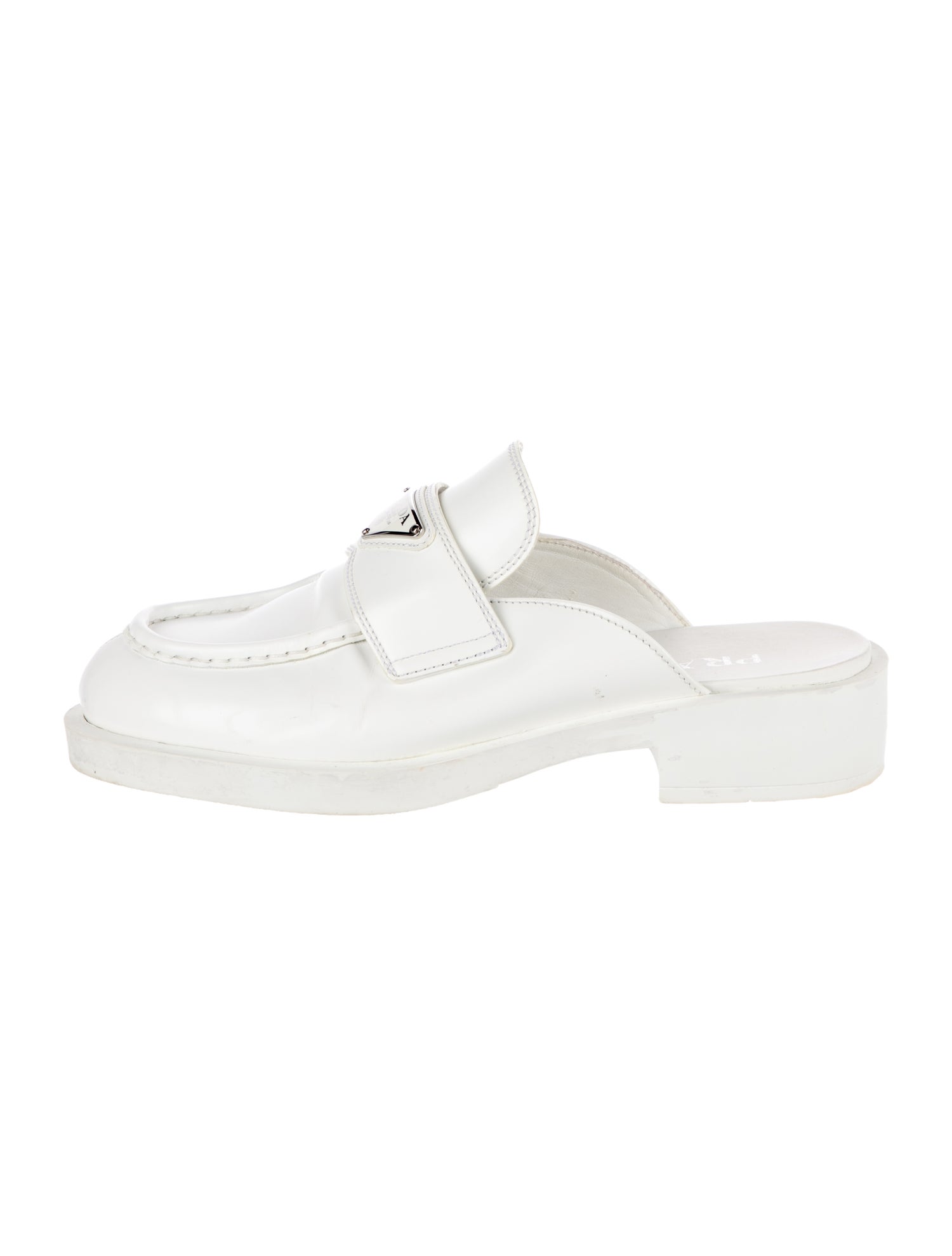 Prada Enameled Metal Triangle Leather Mules