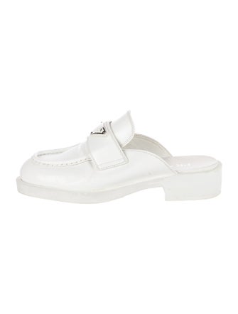 Prada Enameled Metal Triangle Leather Mules