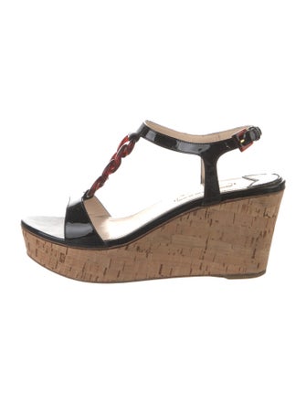 Prada Patent Leather Chain-Link Accents T-Strap Sandals