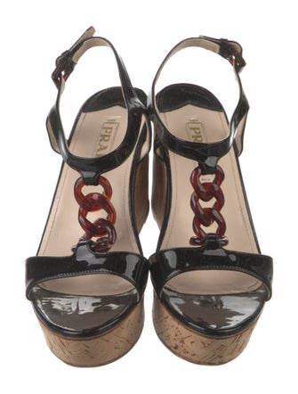 Prada Patent Leather Chain-Link Accents T-Strap Sandals