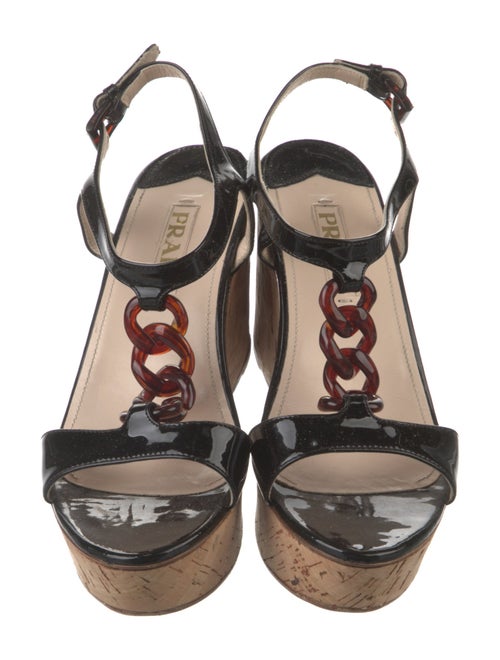 Prada Patent Leather Chain-Link Accents T-Strap Sandals