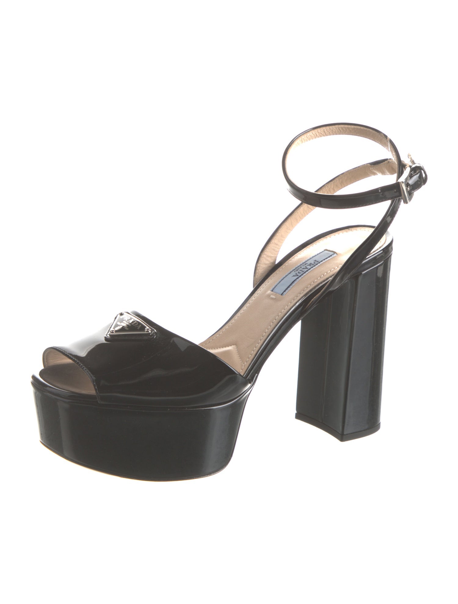 Prada Enameled Metal Triangle Satin Slingback Pumps