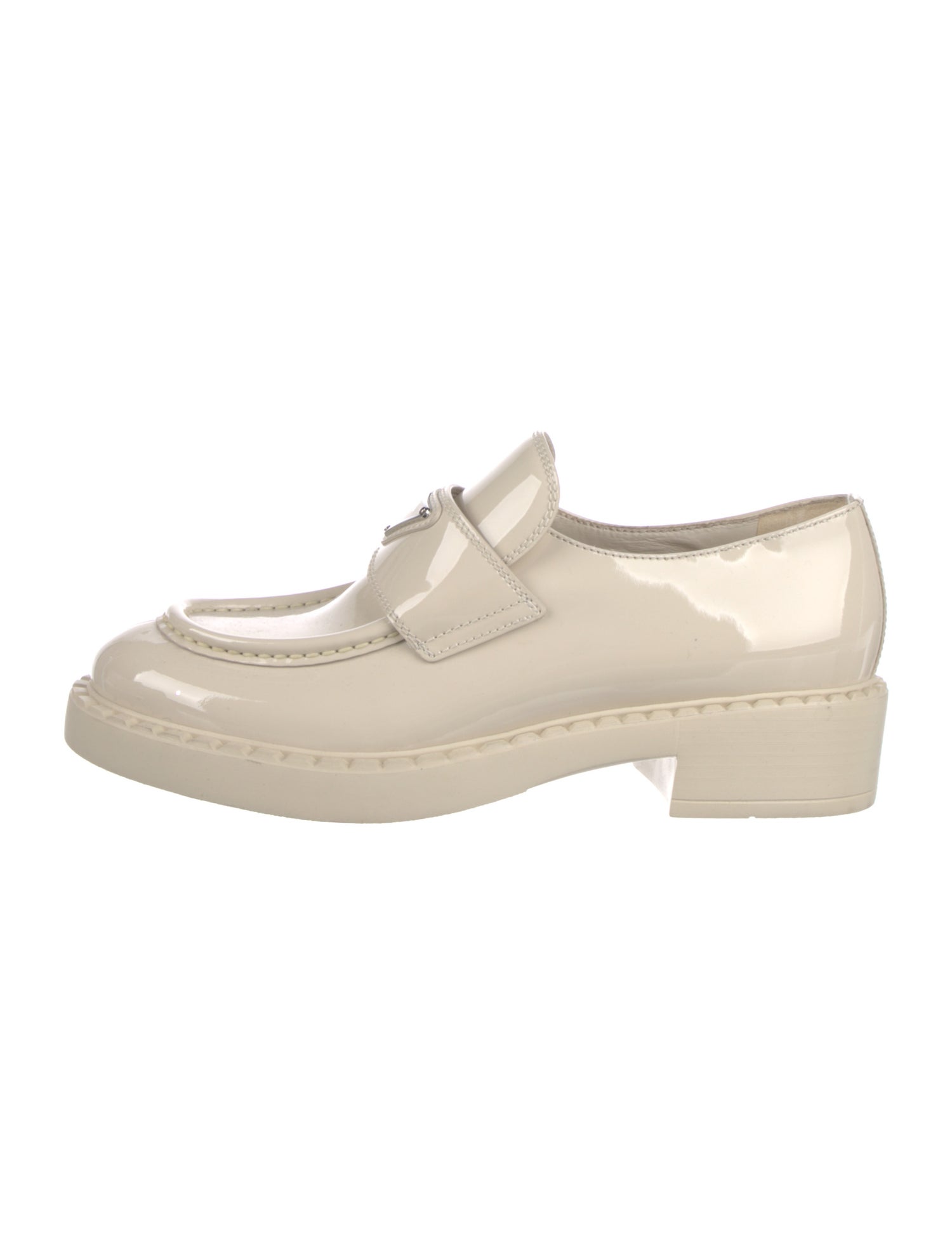 Prada Enameled Metal Triangle Patent Leather Loafers