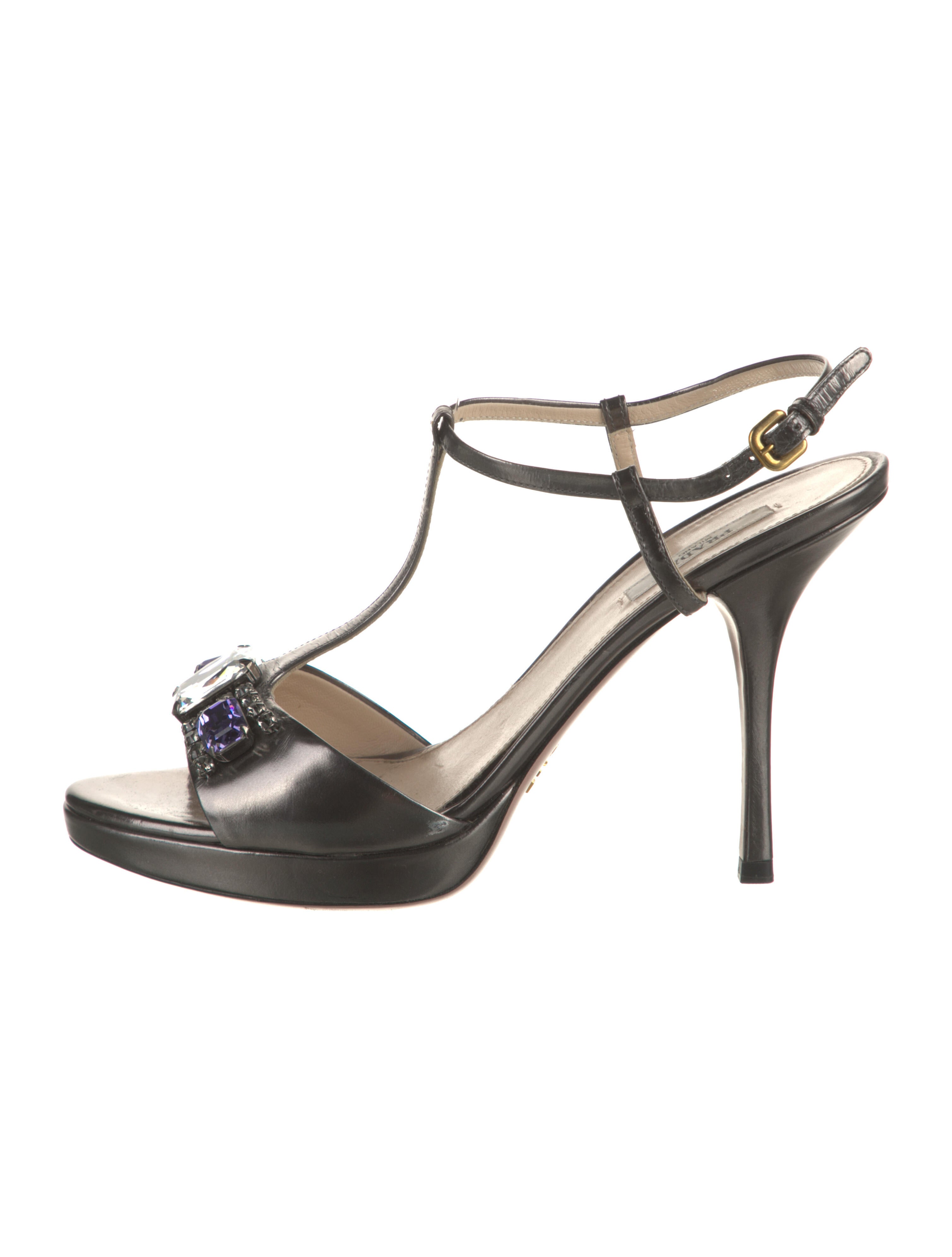 Prada Leather Crystal Embellishments T-Strap Sandals