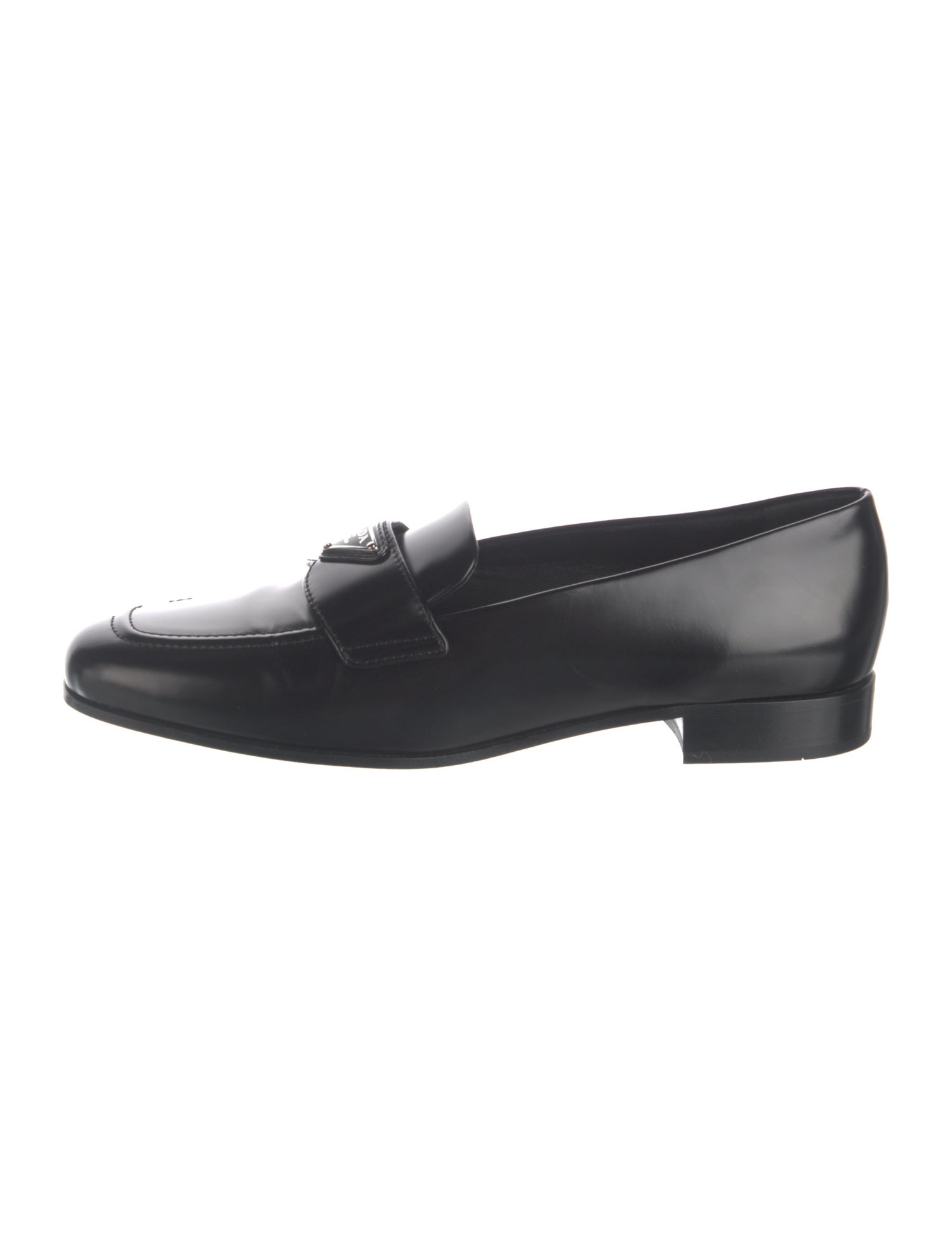 Prada Enameled Metal Triangle Leather Loafers