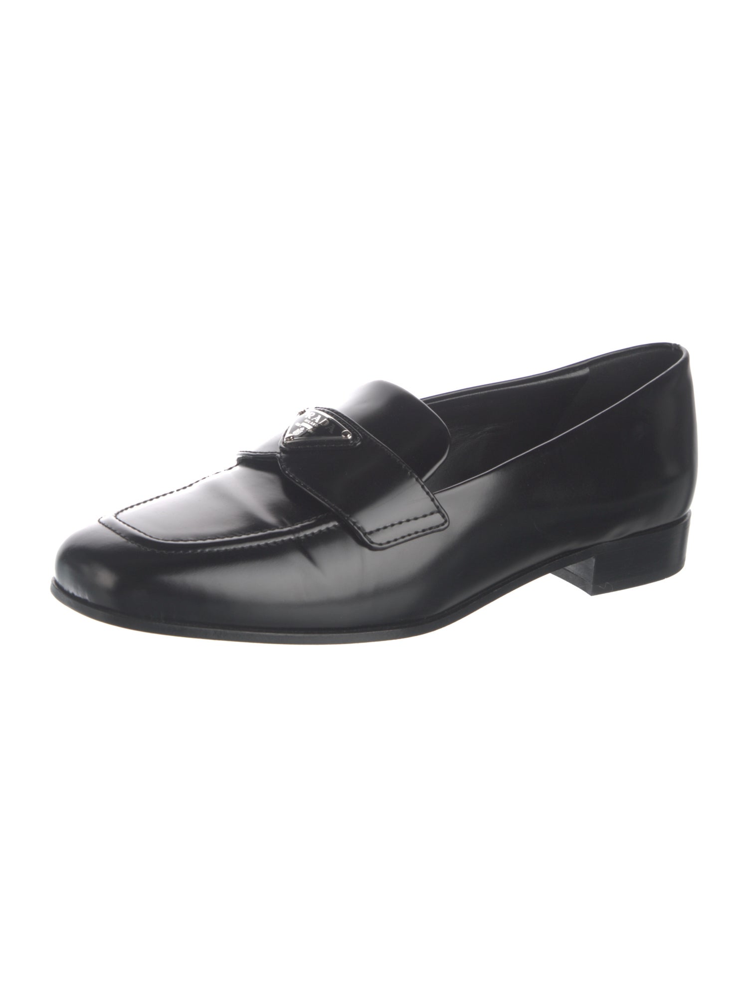 Prada Enameled Metal Triangle Leather Loafers