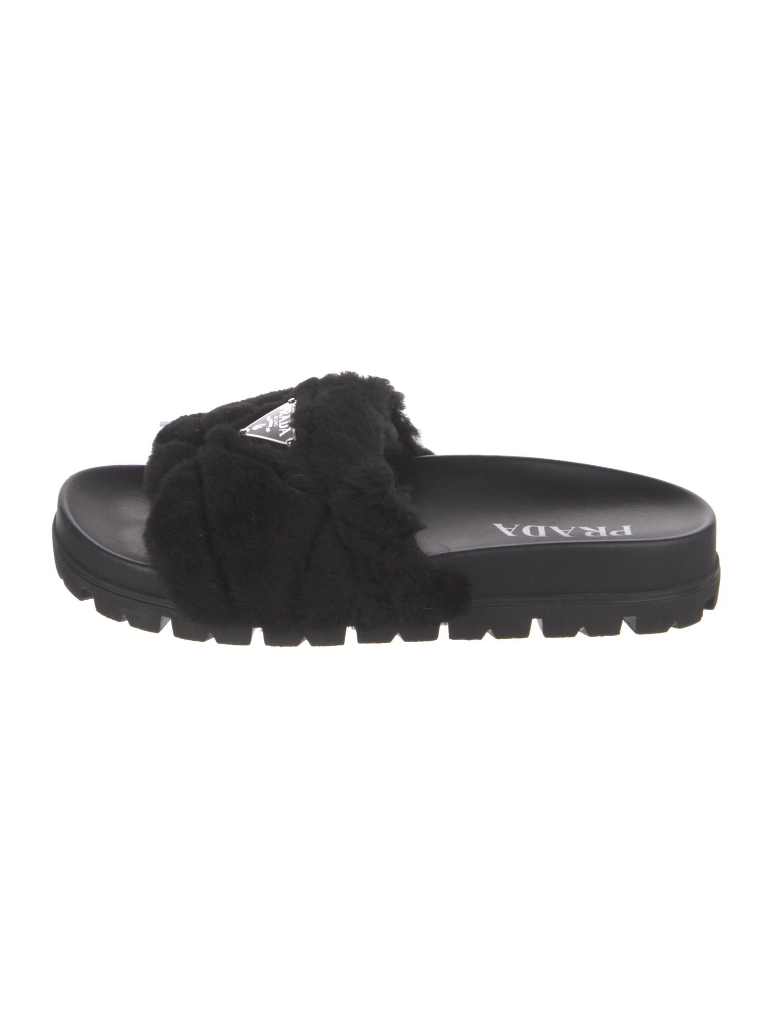 Prada Enameled Metal Triangle Shearling Slides