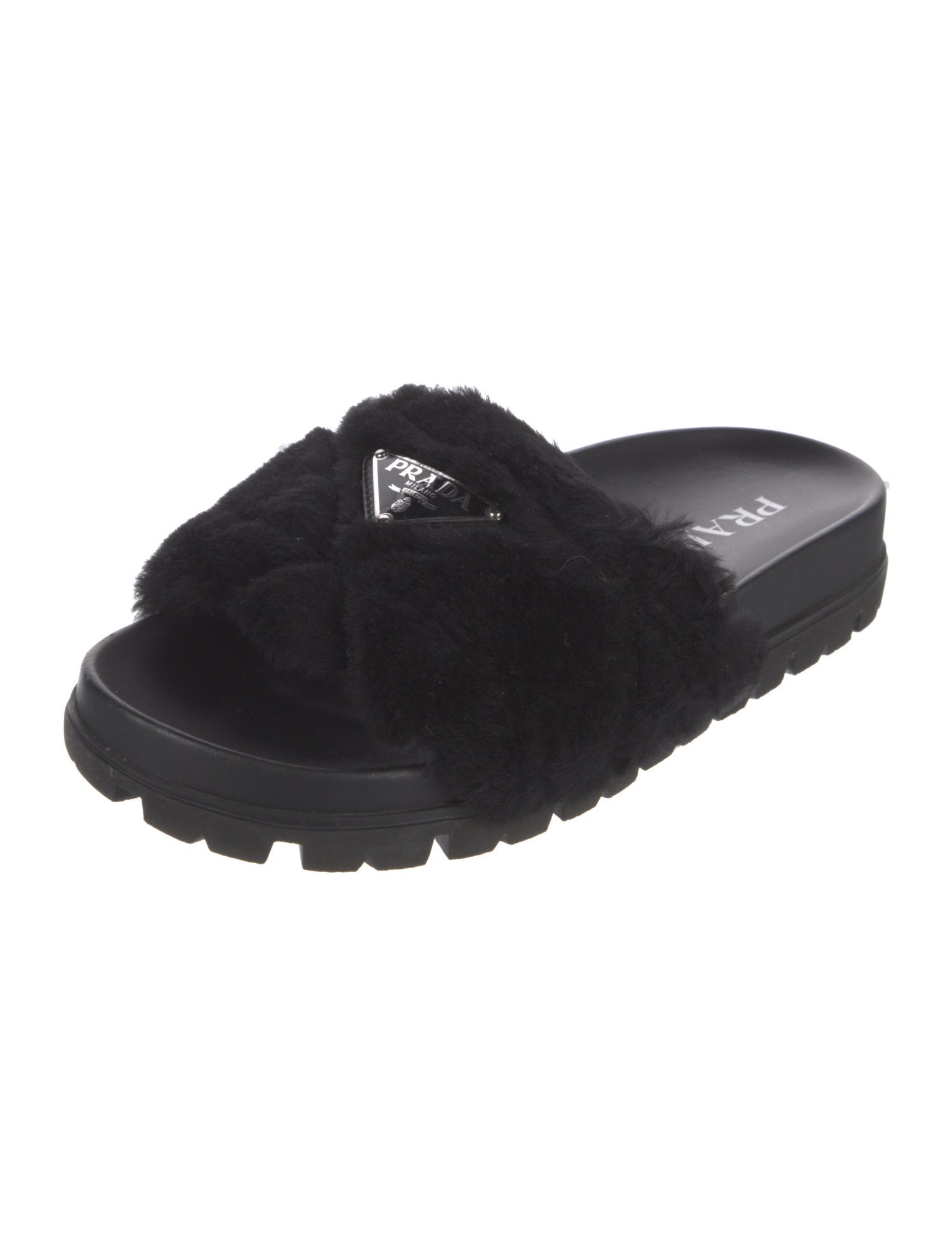 Prada Enameled Metal Triangle Shearling Slides