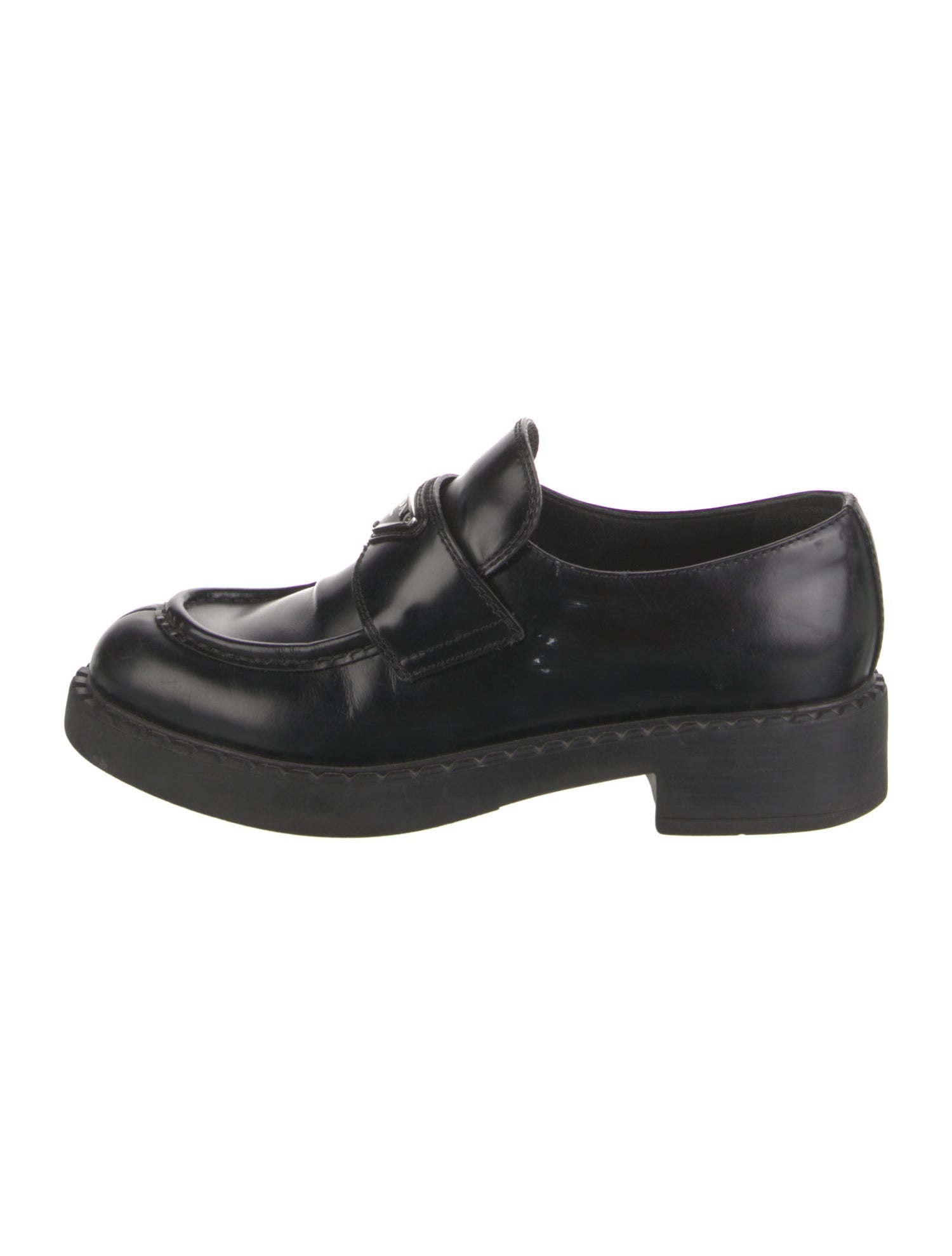 Prada Enameled Metal Triangle Leather Oxfords