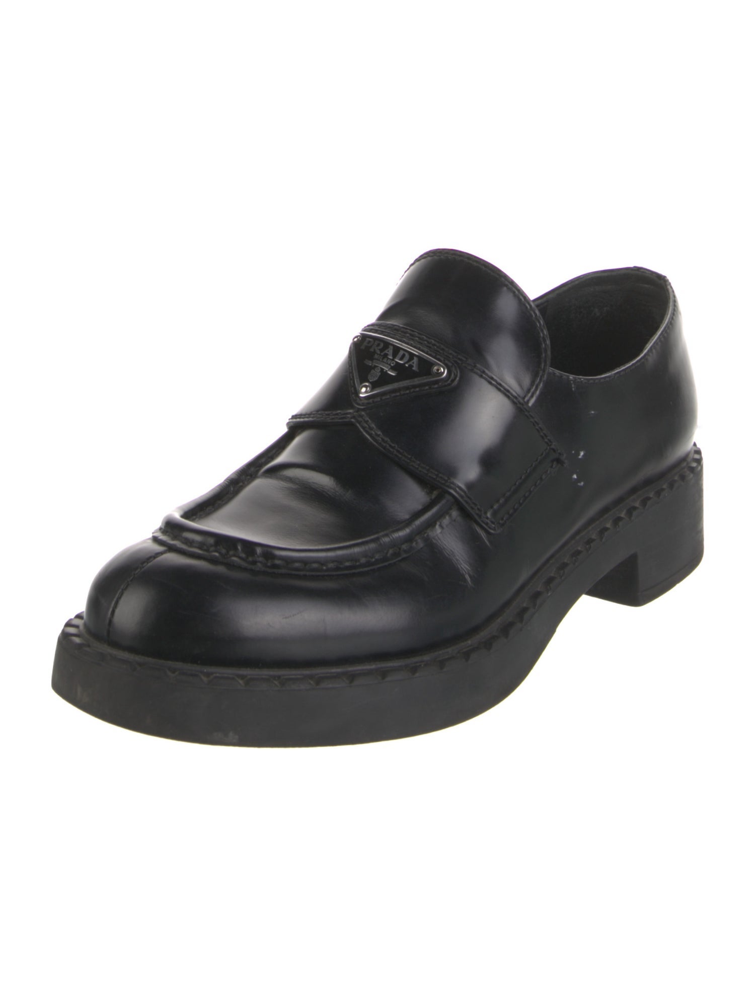 Prada Enameled Metal Triangle Leather Oxfords
