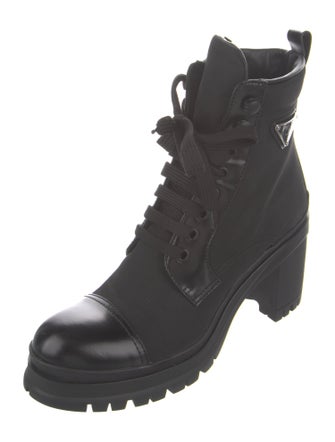 Prada Enameled Metal Triangle Nylon Combat Boots