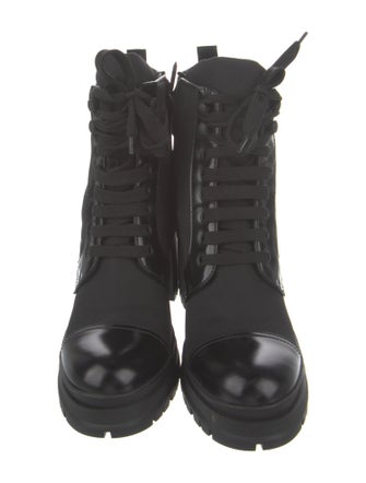 Prada Enameled Metal Triangle Nylon Combat Boots