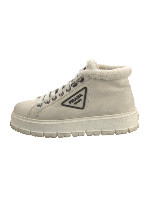 Prada Enameled Metal Triangle Suede Sneakers