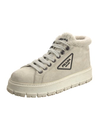 Prada Enameled Metal Triangle Suede Sneakers
