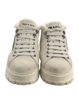 Prada Enameled Metal Triangle Suede Sneakers