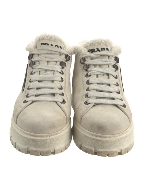 Prada Enameled Metal Triangle Suede Sneakers