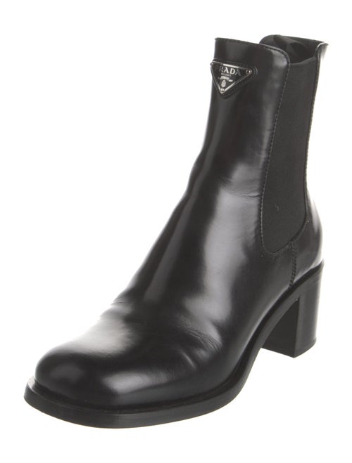 Prada Enameled Metal Triangle Leather Chelsea Boots