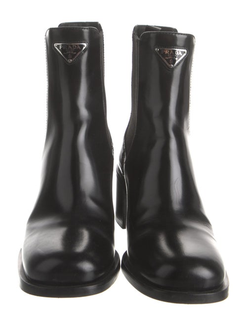 Prada Enameled Metal Triangle Leather Chelsea Boots