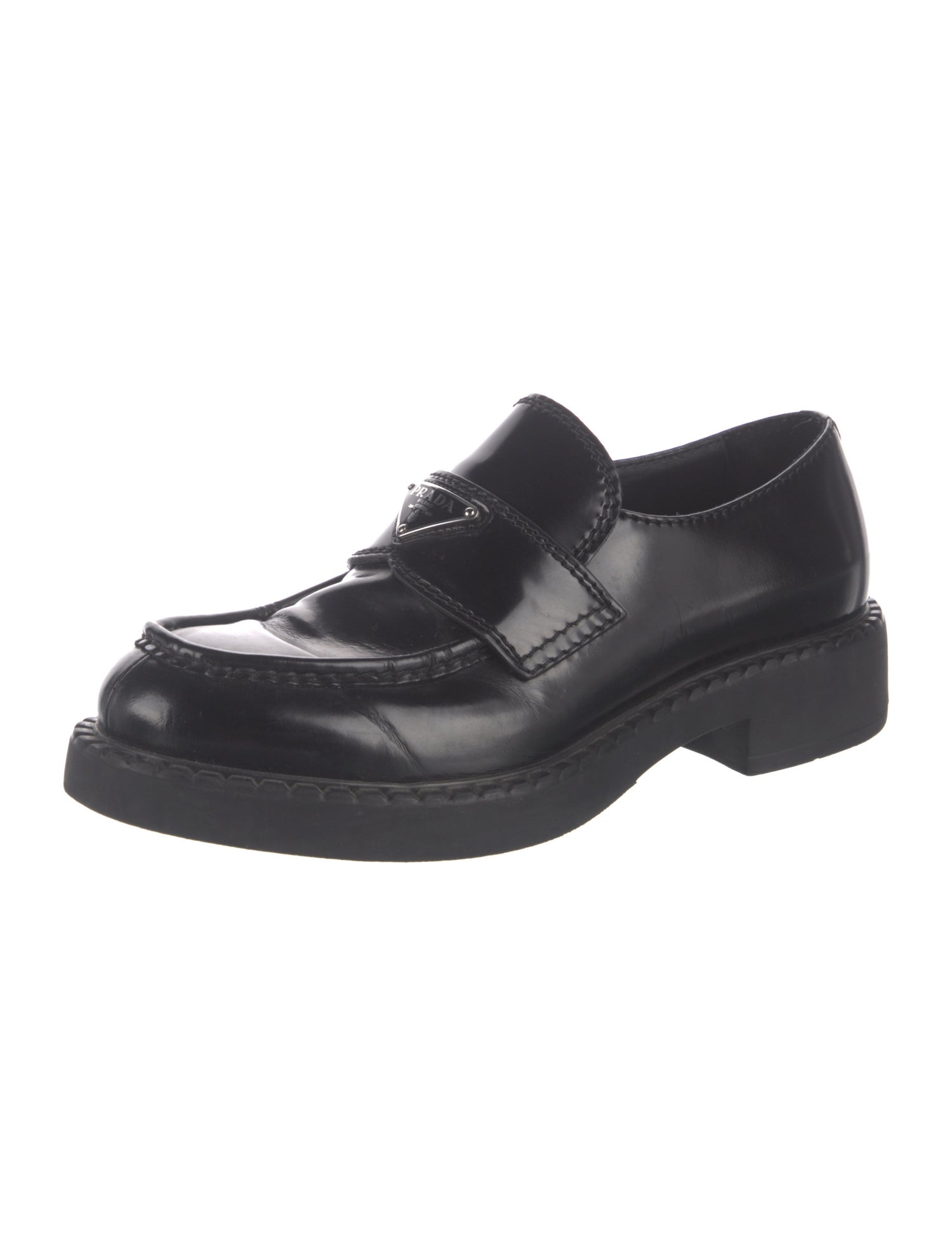 Prada Enameled Metal Triangle Leather Dress Loafers