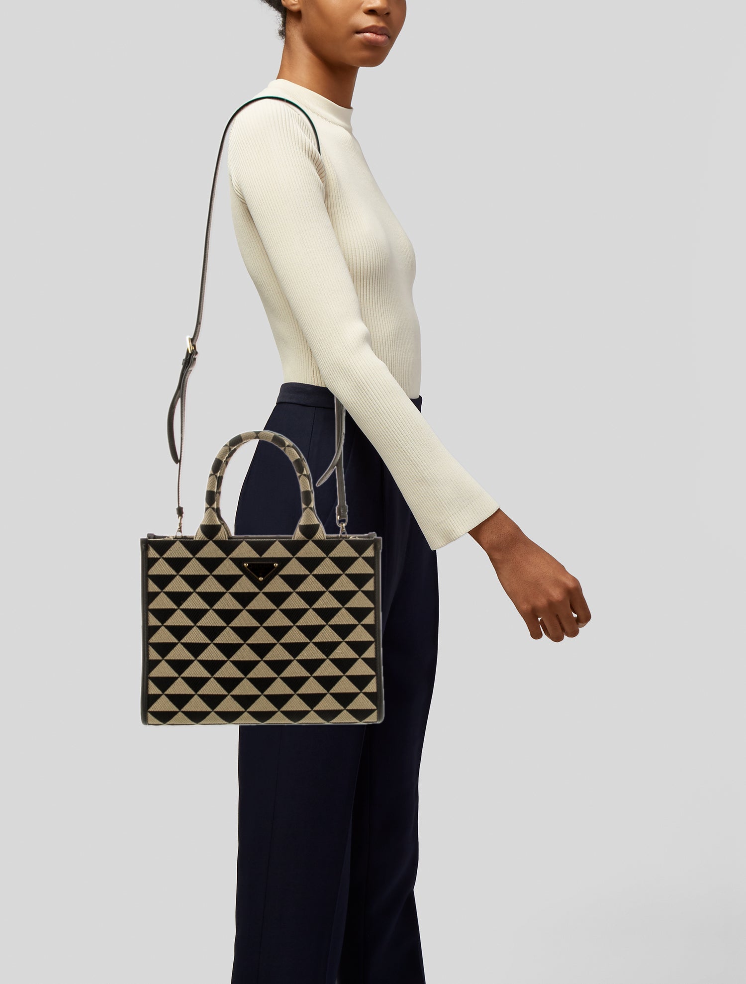 Prada Saffiano Leather Small Triangolo Jacquard Symbole Tote Small