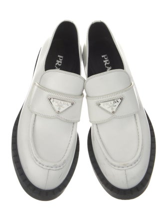 Prada Enameled Metal Triangle Leather Loafers