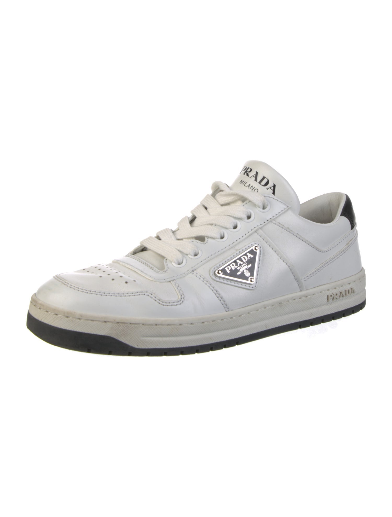 Prada Enameled Metal Triangle Leather Sneakers