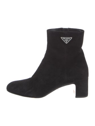 Prada Enameled Metal Triangle Suede Boots
