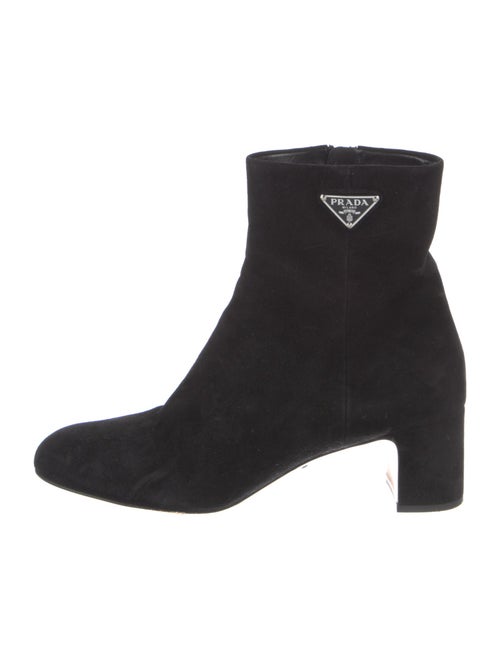 Prada Enameled Metal Triangle Suede Boots