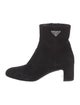 Prada Enameled Metal Triangle Suede Boots