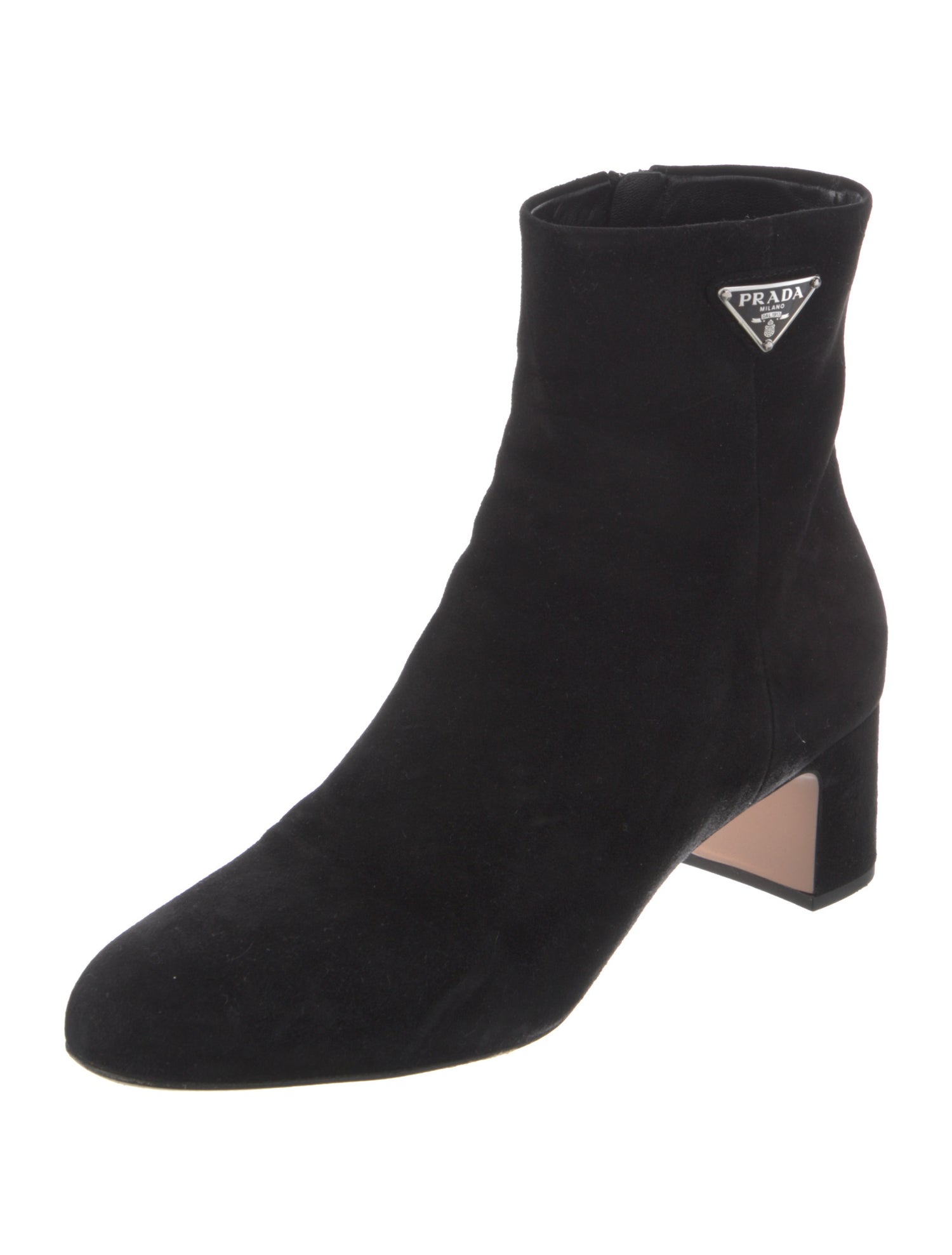 Prada Enameled Metal Triangle Suede Boots