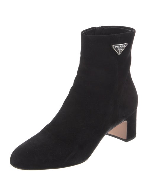 Prada Enameled Metal Triangle Suede Boots