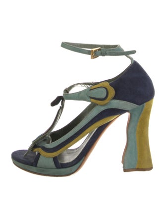 Prada Suede Colorblock Pattern T-Strap Pumps