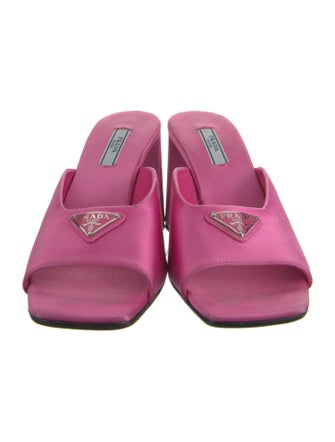 Prada Enameled Metal Triangle Satin Mules
