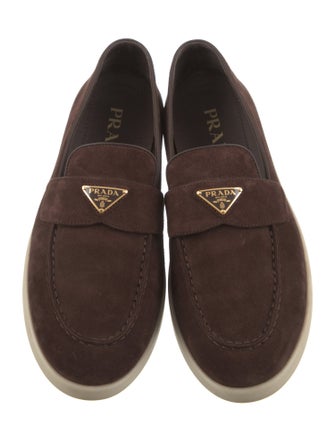 Prada Enameled Metal Triangle Suede Loafers