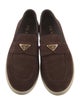 Prada Enameled Metal Triangle Suede Loafers