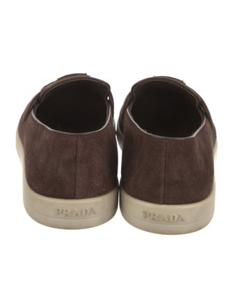 Prada Enameled Metal Triangle Suede Loafers